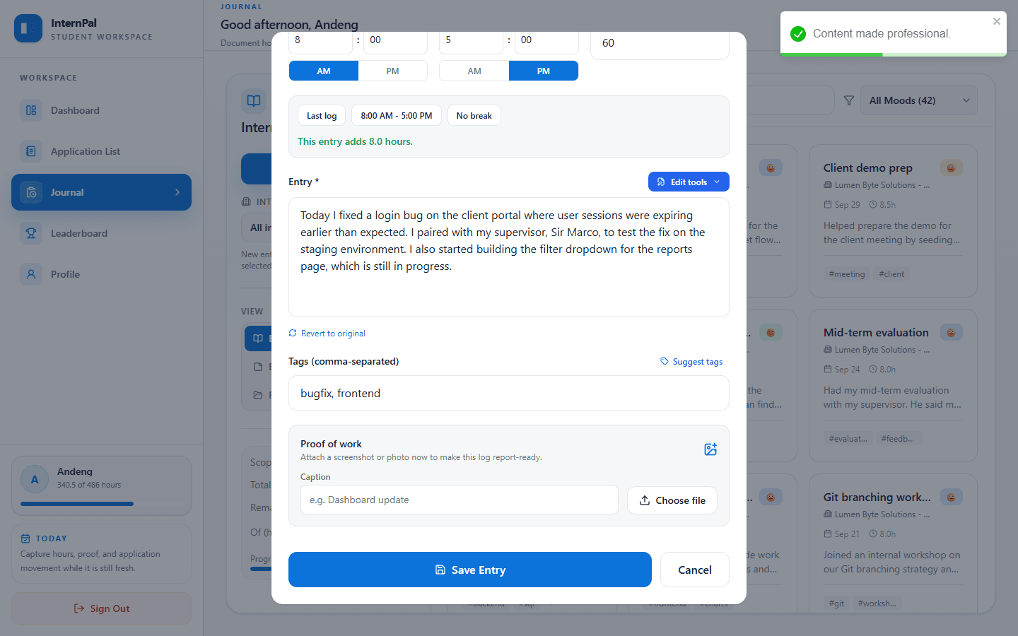 Gemini rewriting a journal entry in a professional tone, with a revert option