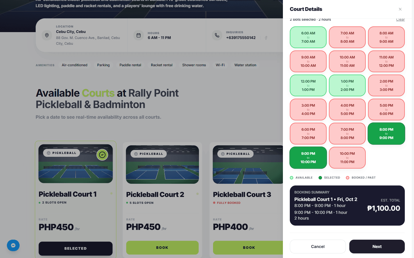 Public booking flow: picking two time slots on a court with a running total