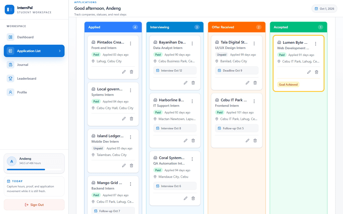 Kanban board of internship applications from Applied to Accepted