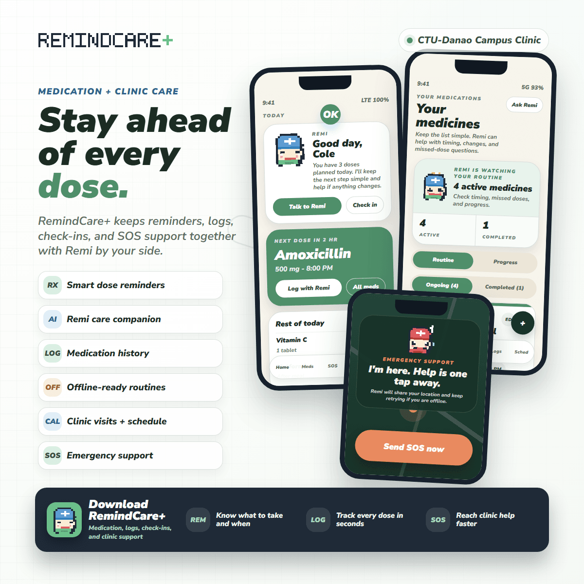RemindCare+ poster with three phone screens