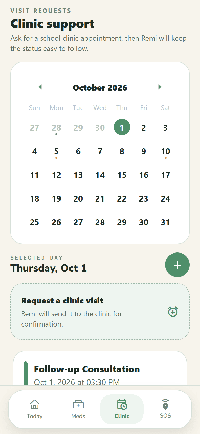 Clinic support: request a campus clinic visit on a calendar