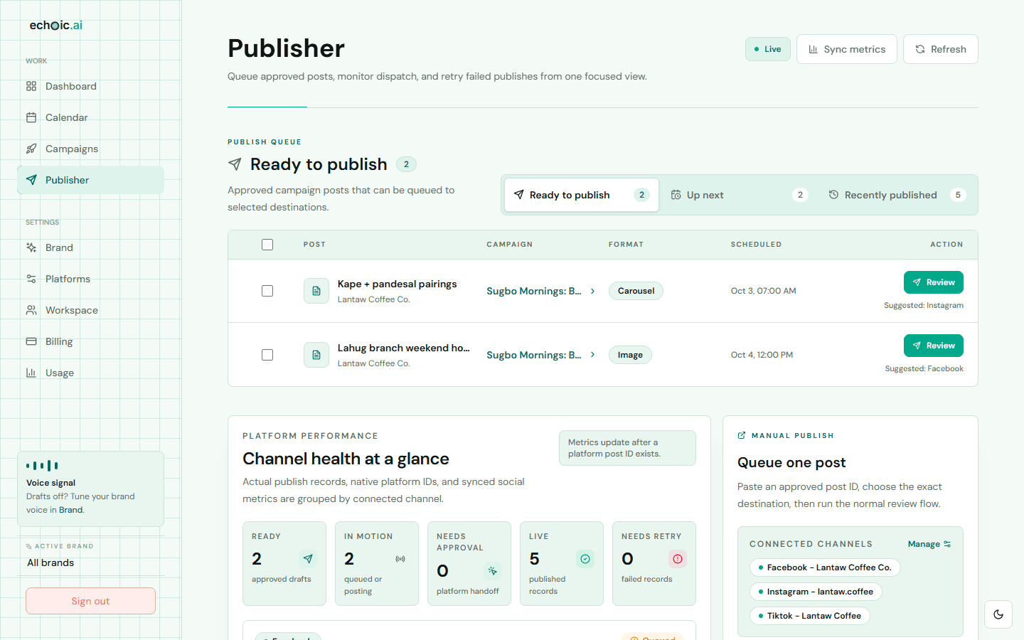 Publisher with posts ready to go out and connected Facebook, Instagram and TikTok accounts