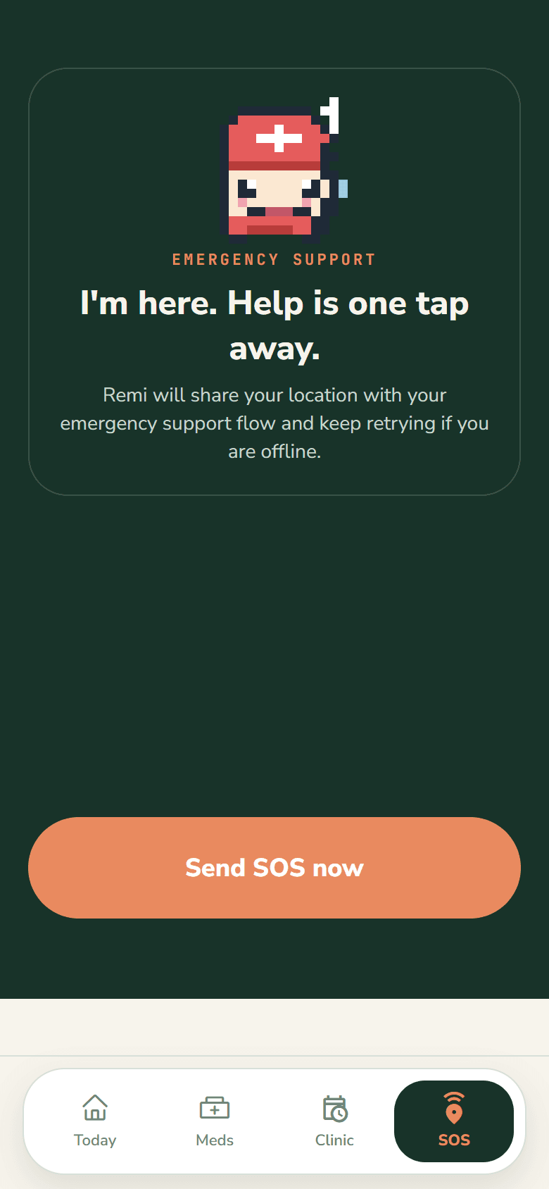 Emergency screen with a one-tap Send SOS button