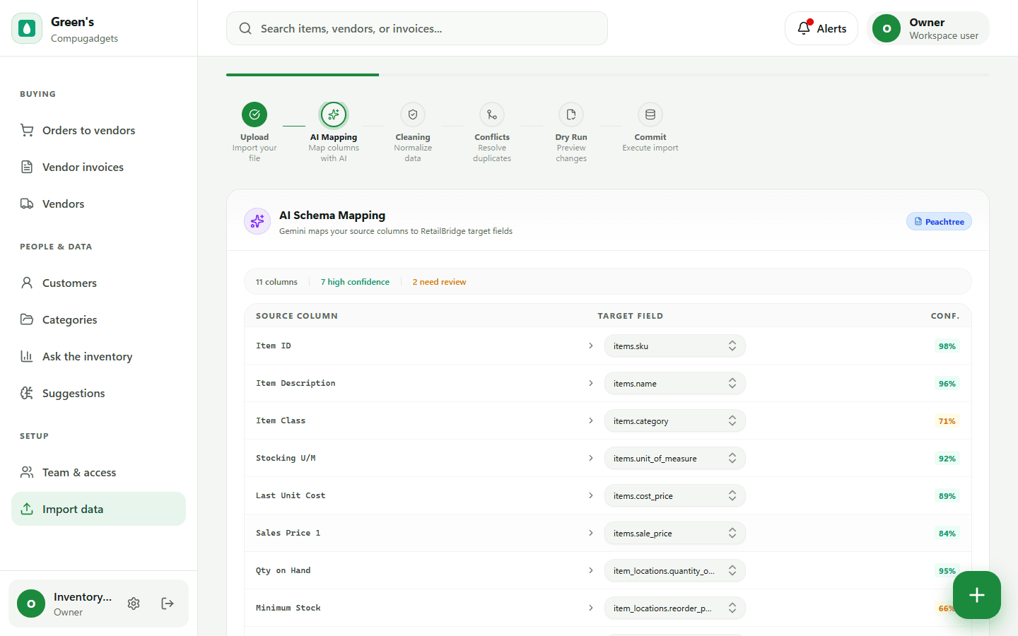 Peachtree import wizard at the AI mapping step, with a confidence score per column