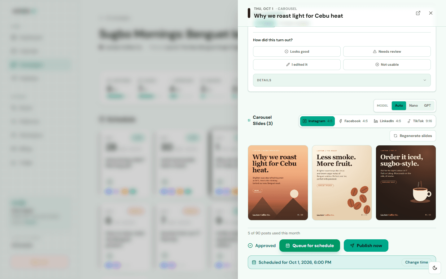 Post drawer with caption, the AI critic's passed check and three generated carousel slides