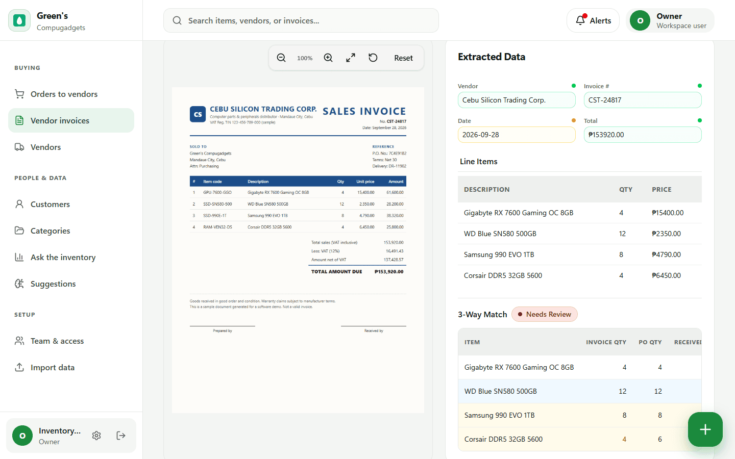 Vendor invoice review: scanned invoice beside AI-extracted fields and the three-way match table