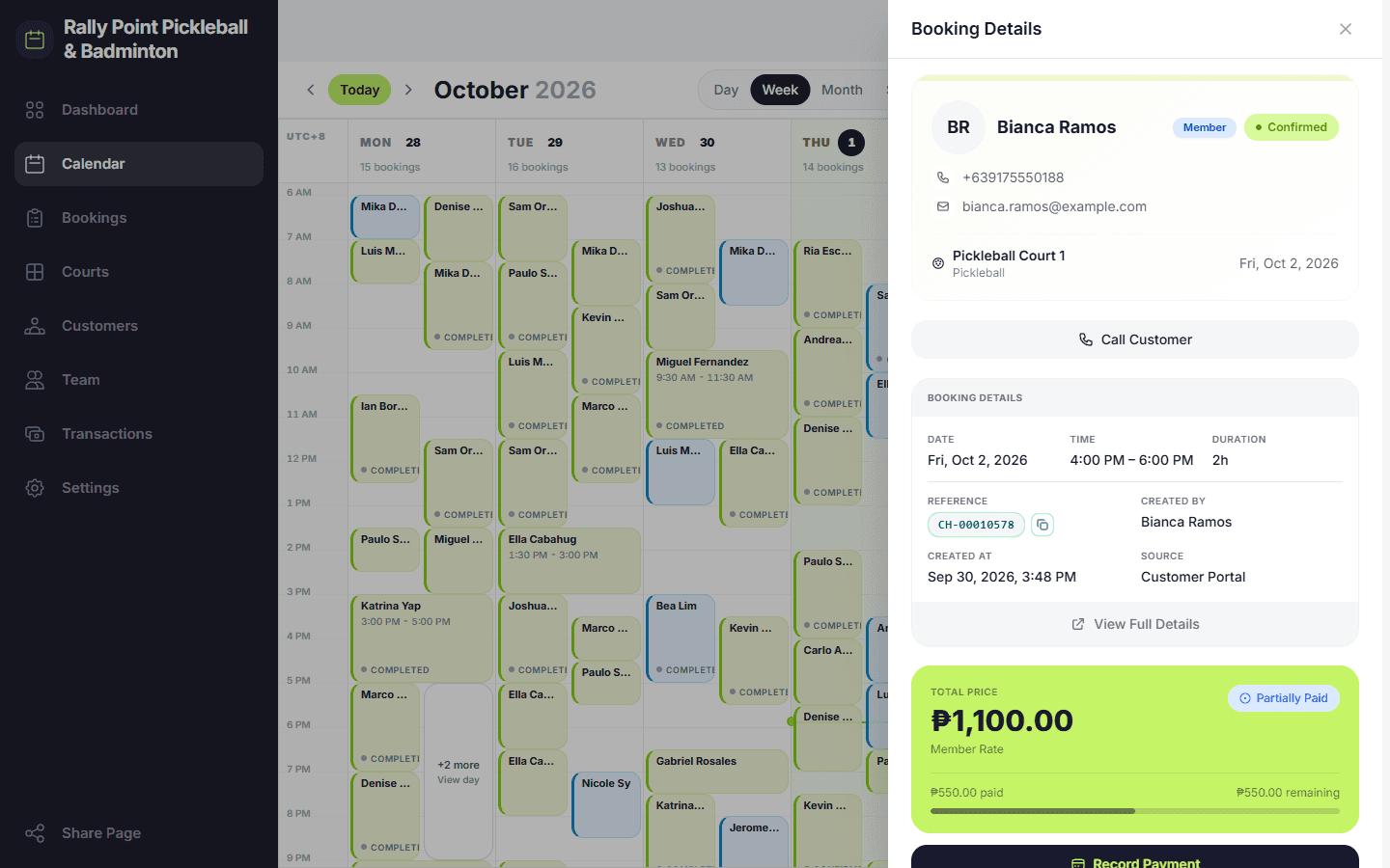 Booking details over the week calendar: a partially paid booking with the balance remaining