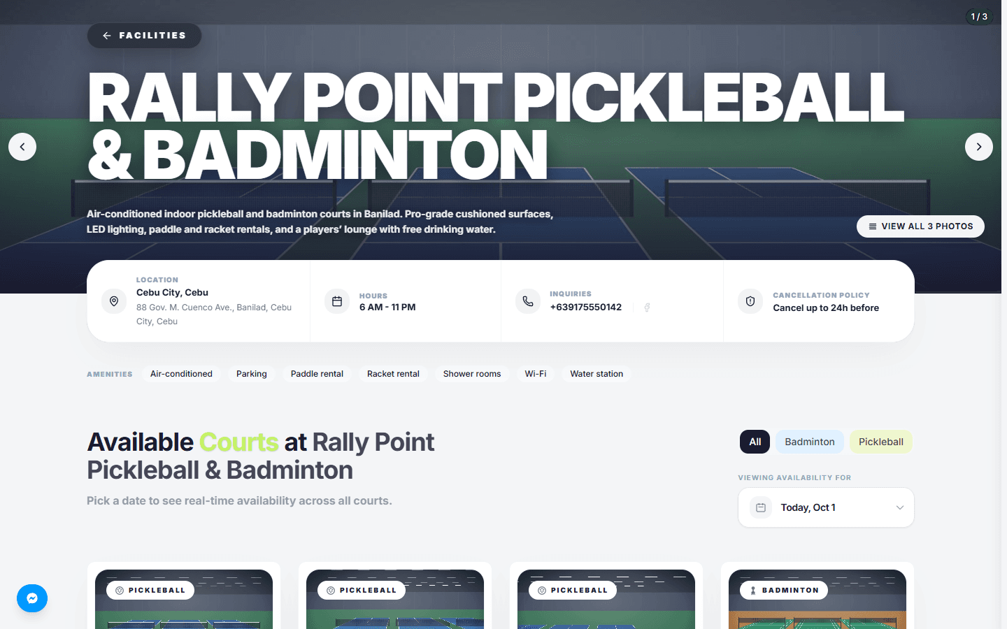 A facility's public page with location, amenities and court cards