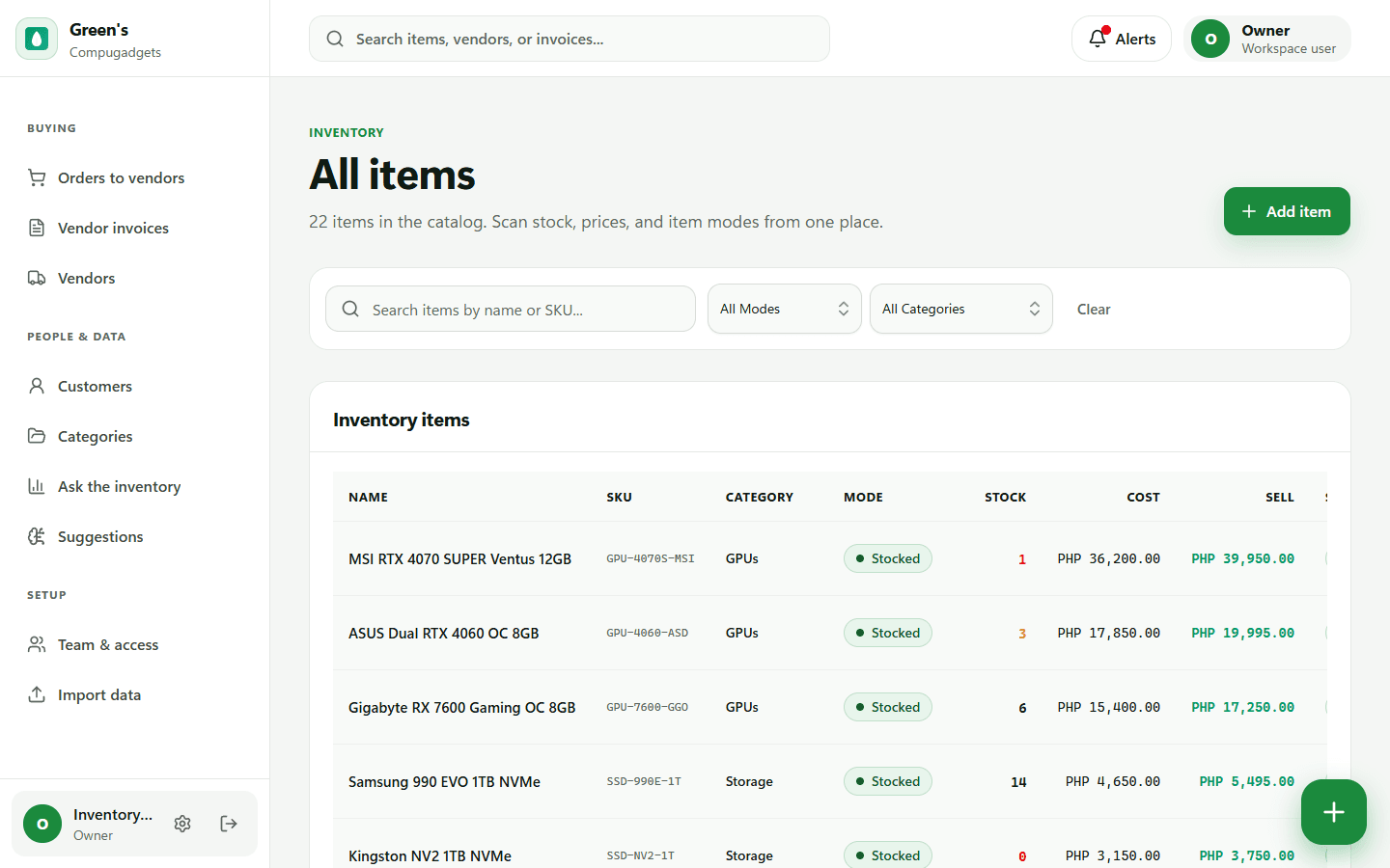Inventory table of GPUs, SSDs, laptops and RAM with stock counts and peso prices
