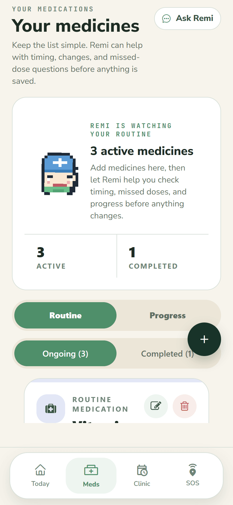 Medicine list with active and completed courses and Remi watching the routine